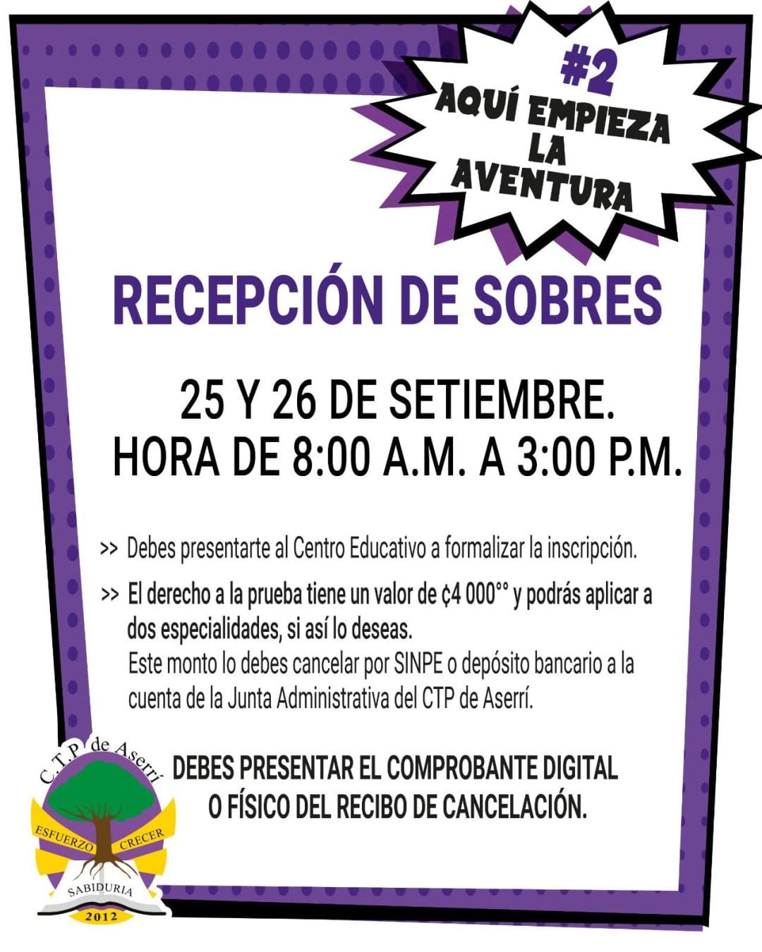 Poster de Proceso de admisión CTP Aserrí 2026